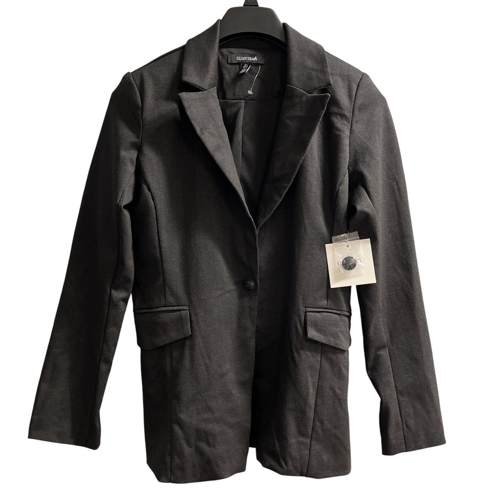 Ellen‎ Tracey Blazer Womens S Black Herringbone Fitted Jacket Structured Office